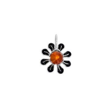 Cognac amber flower-shaped pendant and black enamel in rhodium silver 316201 Nature d'Ambre 54,00 €
