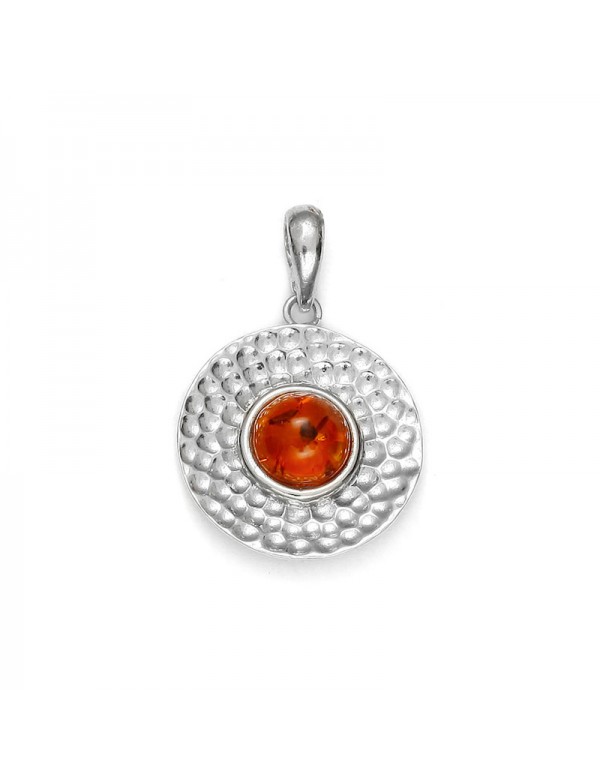 Round pendant in amber and rhodium-plated hammered effect