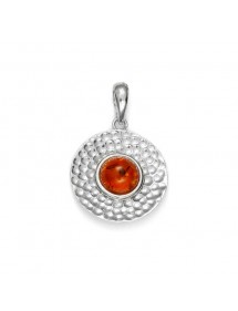 Round pendant in amber and rhodium-plated hammered effect