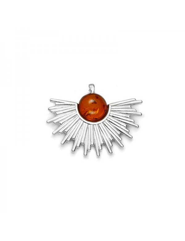 Half-sun pendant with round amber stone and rhodium silver