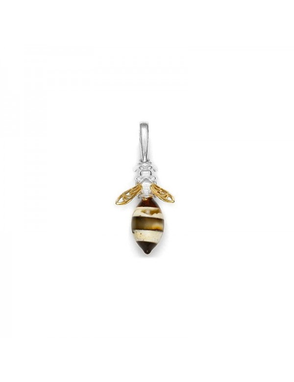 Honey amber and cognac bee pendant, rhodium and gilded silver