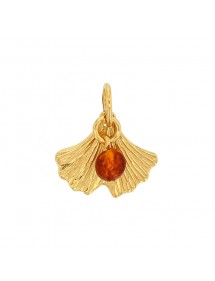 Pendant with golden silver Ginkgo leaf and cognac amber ball