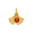 Pendant with golden silver Ginkgo leaf and cognac amber ball