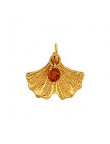 Ginkgo leaf pendant with cognac amber ball tassel, gilded silver
