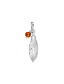 Feather pendant adorned with a ball pendant in Amber, rhodium silver