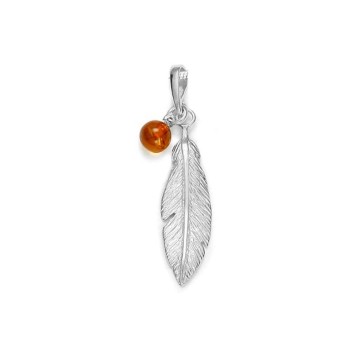 Feather pendant adorned with a ball pendant in Amber, rhodium silver 31610541 Nature d'Ambre 28,00 €