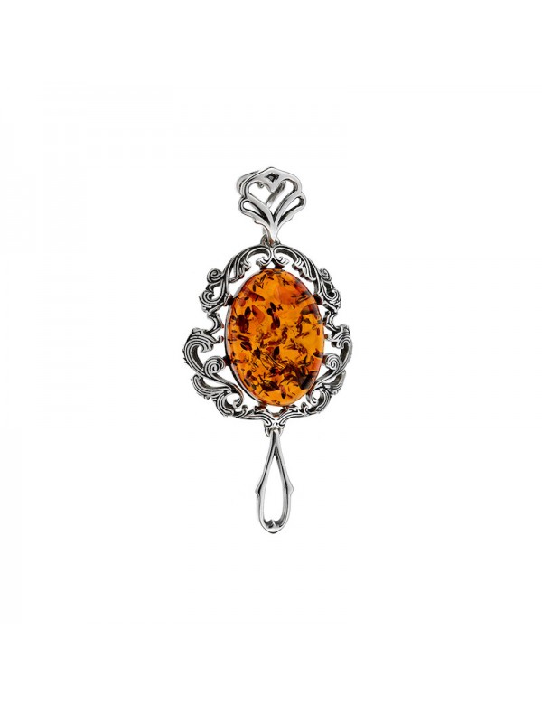 Baroque style frame pendant Amber stone and rhodium silver