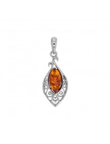 Amber pendant in almond shape and baroque openwork frame in rhodium silver