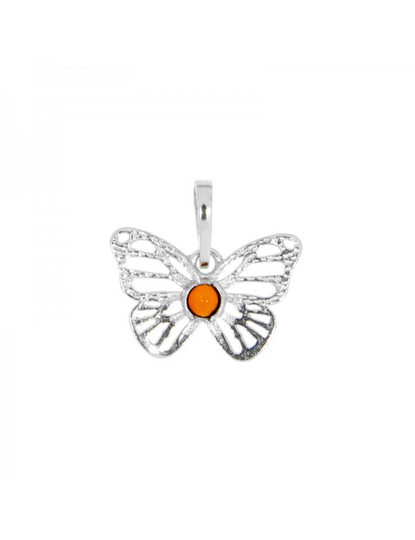 Ciondolo farfalla traforato decorato con una pietra d'ambra e argento rodiato