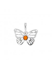 Openwork butterfly pendant adorned with an amber stone and rhodium silver