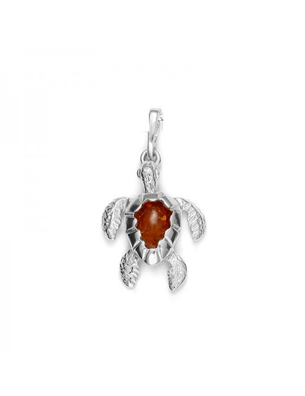 Turtle pendant in real amber and rhodium silver
