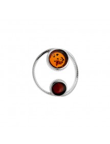 Pendentif cercle avec ronds en Ambre cognac et cerise, en argent rhodié