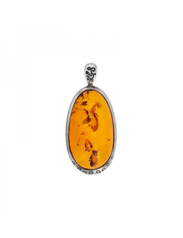 Ghiera pendente ovale in ambra miele con cornice in argento rodiato