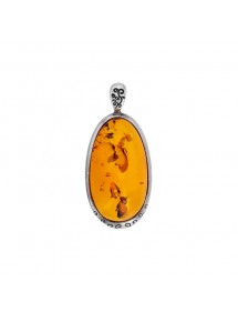 Honey amber oval pendant bezel set with rhodium silver patterned frame