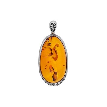 Honey amber oval pendant bezel set with rhodium silver patterned frame 31610575 Nature d'Ambre 119,00 €