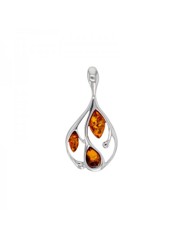 Leaf-shaped pendant in cognac amber stone and rhodium-plated silver frame