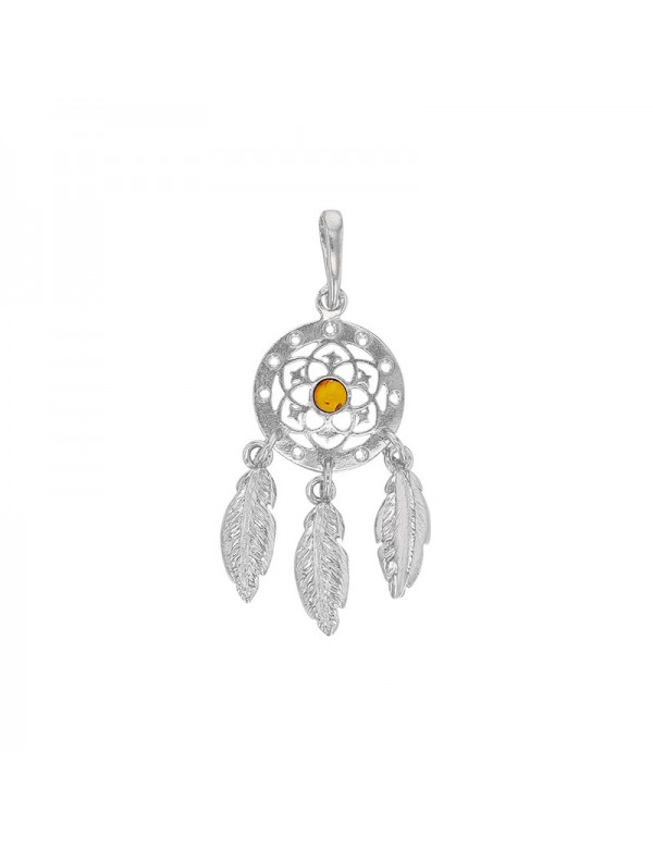 Rhodium silver pendant Dreamcatcher with honey amber stone in the center