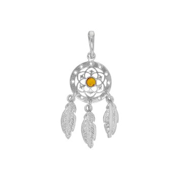 Rhodium silver pendant Dreamcatcher with honey amber stone in the center 31610553 Nature d'Ambre 42,90 €
