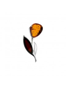 Flower pendant in cognac amber and cherry color, rhodium silver