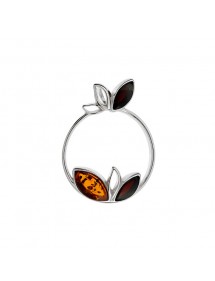 Circle pendant decorated with leaves in Cherry amber and cognac, rhodium silver