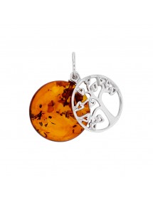 Round cognac amber and tree of life pendant in rhodium silver