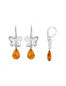 Double butterfly earrings in rhodium silver with cognac amber stone