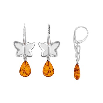Double butterfly earrings in rhodium silver with cognac amber stone 3130066 Nature d'Ambre 102,00 €