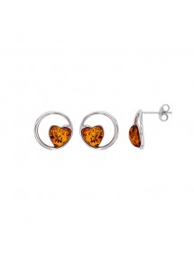 Rhodium-plated silver circle earrings adorned with an amber heart