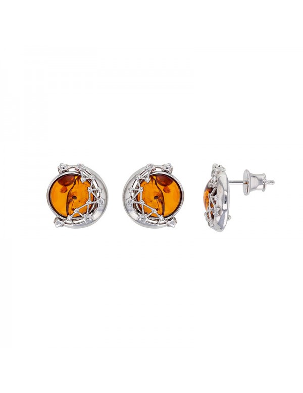 Rhodium silver moon stud earrings and cognac amber ball