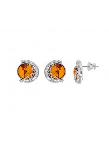 Rhodium silver moon stud earrings and cognac amber ball