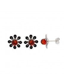 Cognac amber flower and black enamel earrings in rhodium silver 3130063 Nature d'Ambre 69,90 €