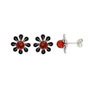 Cognac amber flower and black enamel earrings in rhodium silver 3130063 Nature d'Ambre 69,90 €