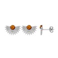 Half-sun round amber stone and rhodium silver earrings