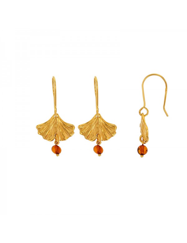 Ginkgo leaf earrings with cognac amber ball pendant, gilded silver