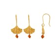 Ginkgo leaf earrings with cognac amber ball pendant, gilded silver