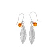 Feather earrings pendant with honey amber ball and rhodium silver
