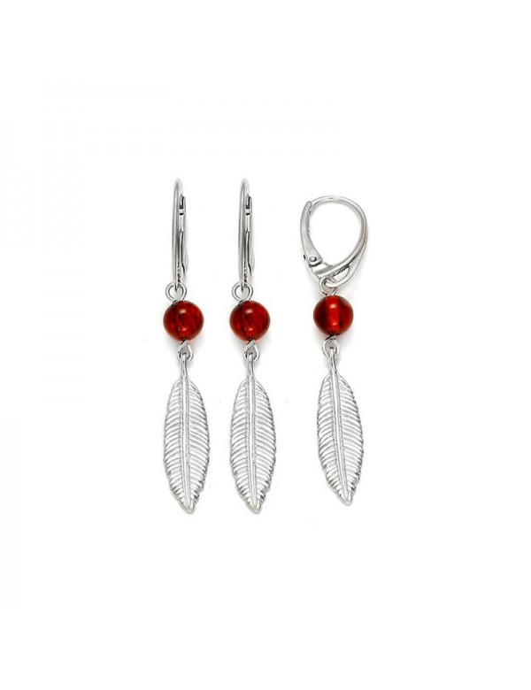 Small cognac amber ball and feather earrings in rhodium silver