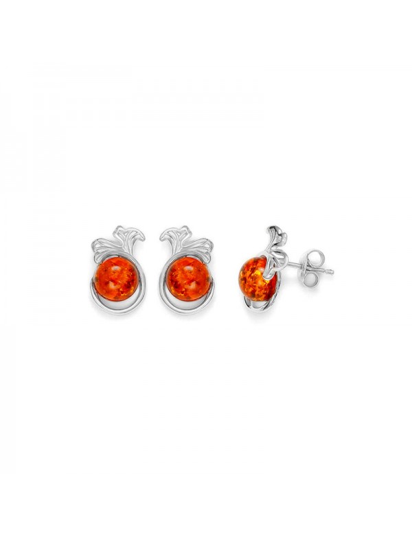 Amber ball stud earrings surrounded by a Ginkgo leaf, and rhodium silver