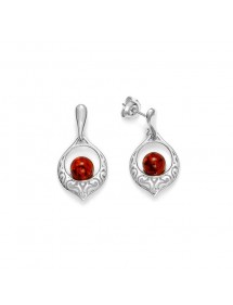 Amber stone earrings with baroque motif frame in rhodium silver