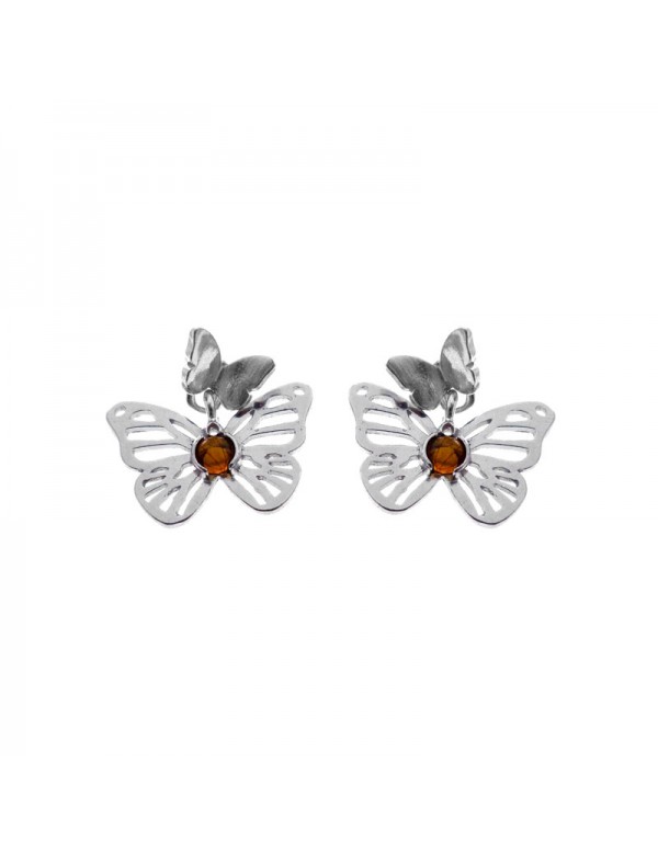 Openwork butterfly earrings and pendant Amber, Cubic zirconia and rhodium silver