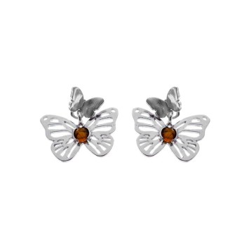 Openwork butterfly earrings and pendant Amber, Cubic zirconia and rhodium silver 31318207 Nature d'Ambre 62,00 €