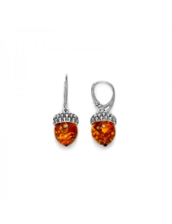 Eichelförmige Ohrringe aus Cognac Amber und Rhodiumsilber