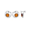 Earrings circle effect hammered with round stone Amber, silver rhodium
