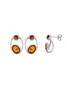 Cognac Amber stone and rhodium silver earrings