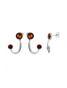 Curved and striated earrings Cognac amber and cherry, rhodium silver