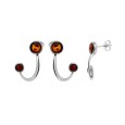 Curved and striated earrings Cognac amber and cherry, rhodium silver