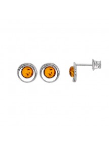 Round earrings in honey-colored amber and rhodium silver