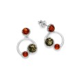 Rounded rhodium-plated silver earrings and round stones Cognac and green amber