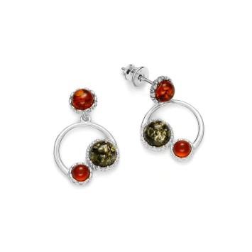Rounded rhodium-plated silver earrings and round stones Cognac and green amber 31318201 Nature d'Ambre 52,90 €