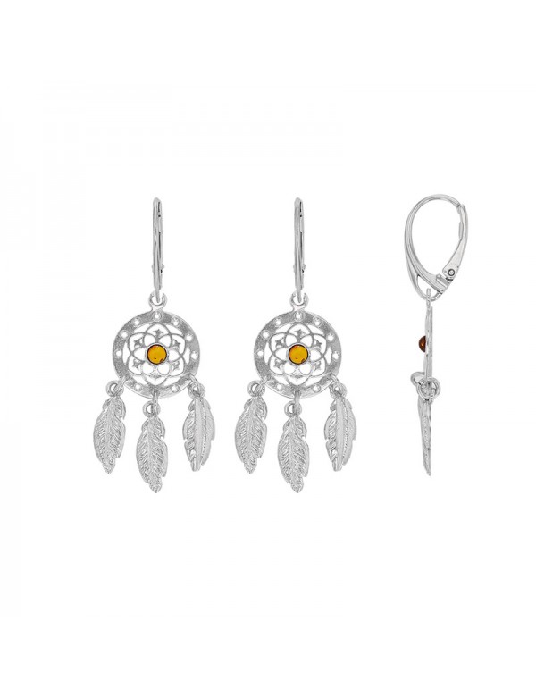 copy of Amber cognac, citrine and cherry stone earrings with rhodium silver leaves